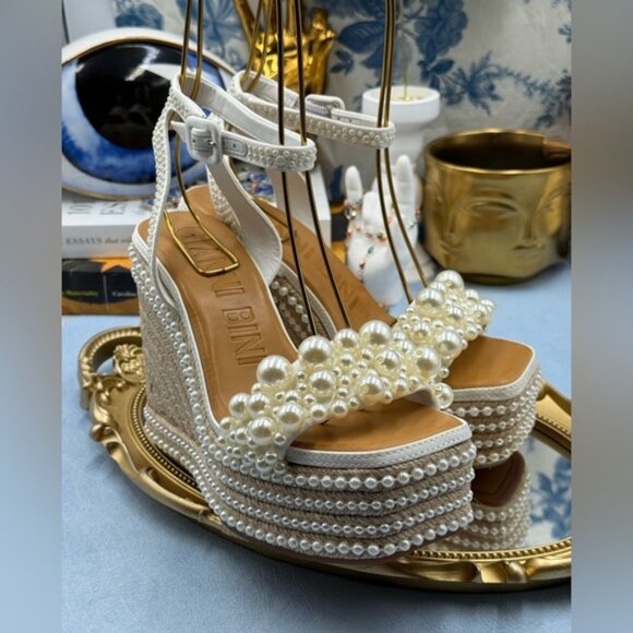 🆕 GIANNI BINI 🧿 NWOB Savanna Pearl Ornamented Platform Wedge Sandals, Sz 6.5 - Picture 13 of 16